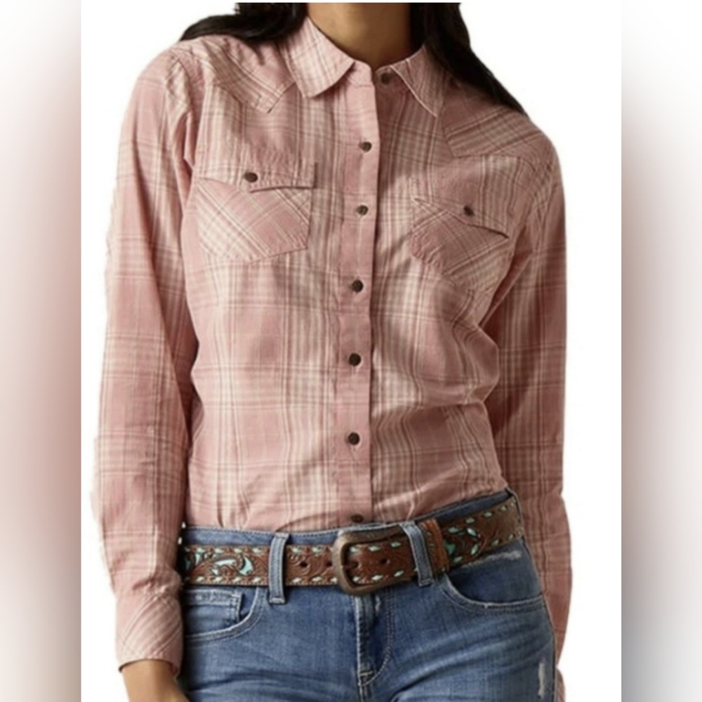 NWT Ariat Pink Plaid Nazca LS Snap Western Shirt Women's L MSRP $59.95